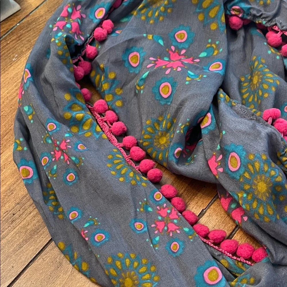 Gray Infinity Scarf with Pink and Yellow Floral Design - Picture 3 of 4